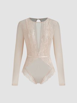 Cider - Round Neckline Solid Lace See-through Bodysuit