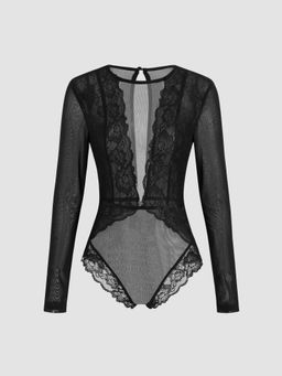 Cider - Round Neckline Solid Lace See-through Bodysuit
