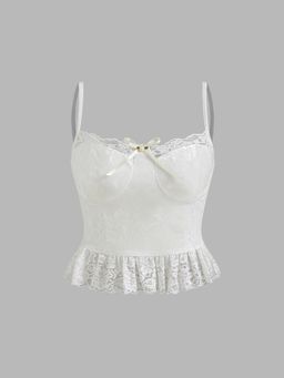 Cider - Velvet Lace Trim Bowknot Ruffle Cami Top