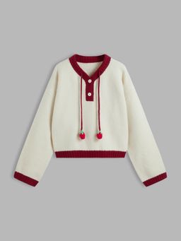 Cider - Knit V-neck Strawberry Contrasting Binding Drawstring Long Sleeve Top