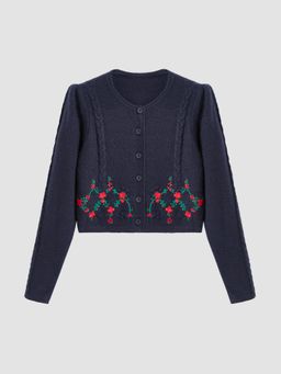 Cider - Knit Round Neckline Floral Embroidery Cardigan