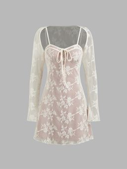 Cider - Sweetheart Knotted Mini Dress & Lace Floral Shrug Set