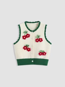 Cider - Knit V-neck 3D Flower Contrasting Binding Wave Trim Button Vest