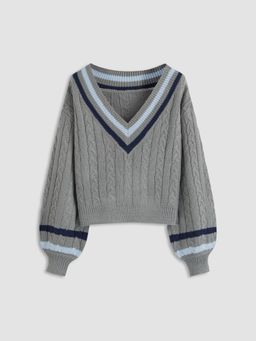 Cider - Cable Knit V-neck Solid Contrasting Binding Long Sleeve Top