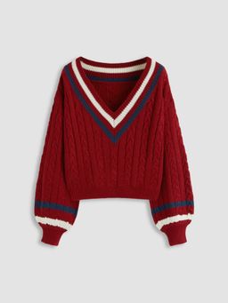 Cider - Cable Knit V-neck Solid Contrasting Binding Long Sleeve Top