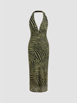 Cider - Mesh Halter Neckline Zebra Stripe Maxi Dress