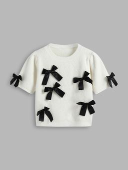 Cider - Knit Round Neckline Bowknot Crop Short Sleeve Top
