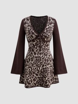 Cider - Knit V-neck Leopard Bowknot Long Sleeve Mini Dress