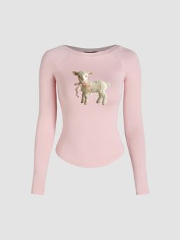 Cider - Boat Neck Sheep Bowknot Long Sleeve Top