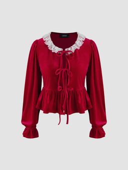 Cider - Velvet Round Neckline Lace Tie Front Ruffle Long Sleeve Blouse