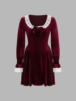Cider - Velvet Square Neck Lace Bowknot Ruffle Mini Dress
