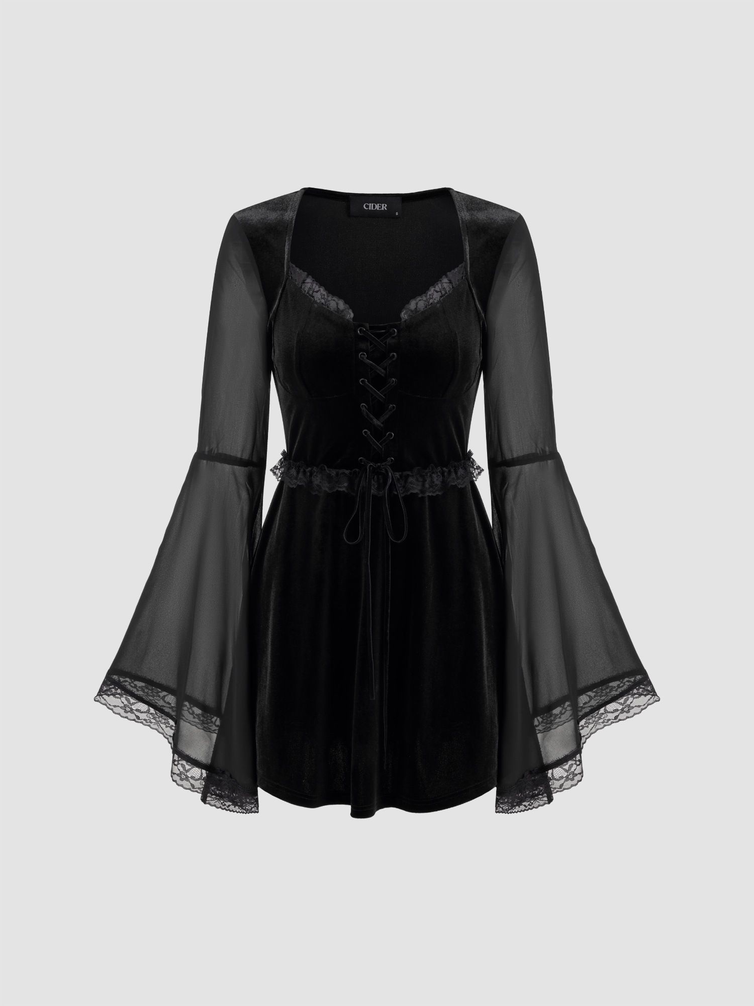 Velvet Square Neck Solid Lace Up Bell Sleeve Mini Dress