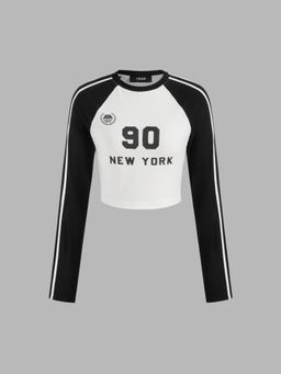 Cider - NEW YORK 90 Cotton-blend Round Neckline Side Striped Raglan Sleeve Crop Tee