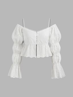 Cider - Broderie Anglaise 100% Cotton V-neck Solid Shirred Sleeve Blouse