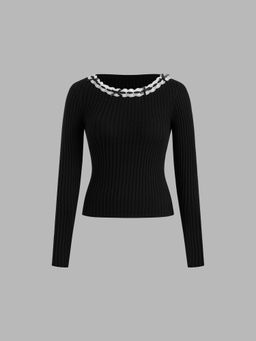 Cider - Knit Round Neckline Solid Lace Trim Bowknot Long Sleeve Top