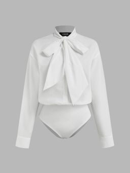 Cider - High Neck Knotted Long Sleeve Blouse Bodysuit