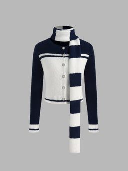 Cider - Knit Stripe Two Tone Cardigan With Scarf
