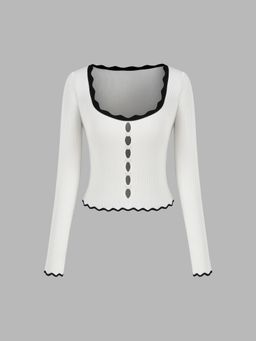 Cider - Knit Square Neck Solid Hollow Out Contrasting Binding Long Sleeve Top