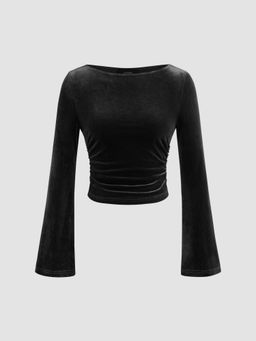 Cider - Velvet Boat Neck Solid Ruched Long Sleeve Crop Top