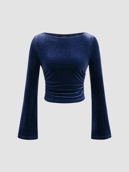 Cider - Velvet Boat Neck Solid Ruched Long Sleeve Crop Top