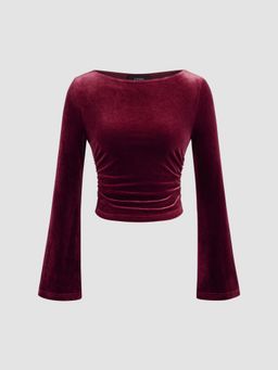 Cider - Velvet Boat Neck Solid Ruched Long Sleeve Crop Top