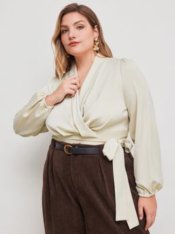 Cider - Satin V-neck Solid Wrap Knotted Long Sleeve Crop Blouse Curve & Plus