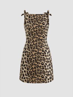 Cider - Square Neck Leopard Bowknot Mini Dress