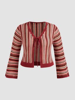 Cider - Knit V-neck Striped Knotted Cardigan Curve & Plus