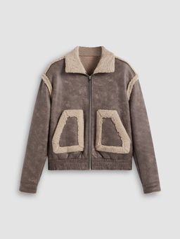 Cider - Faux Shearling Collar Solid Pocket Shearling Jacket