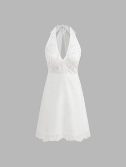Cider - 100% Cotton Halter Neckline Broderie Anglaise Backless Mini Dress