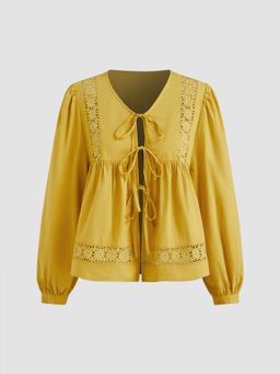 Cider - 100% Cotton V-neck Floral Hollow Out Tie Front Long Sleeve Blouse