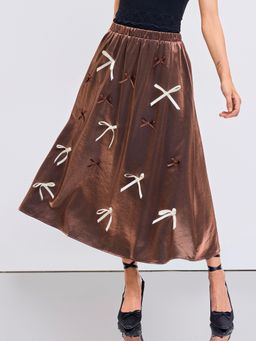 Cider - Mid Rise Solid Bowknot Midi Skirt