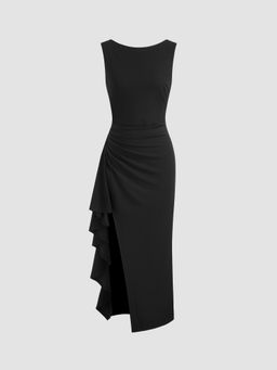 Cider - Boat Neck Solid Ruffle Hem Split Backless Ruched Maxi Dress