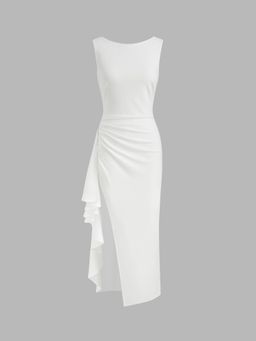 Cider - Boat Neck Solid Ruffle Hem Split Backless Ruched Maxi Dress