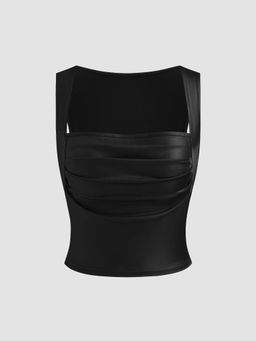 Cider - Square Neck Solid Ruched Crop Tank Top