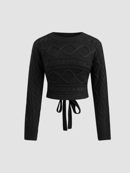 Cider - Cable Knit Round Neckline Cut Out Knotted Long Sleeve Top