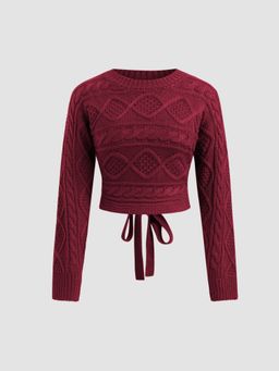 Cider - Cable Knit Round Neckline Cut Out Knotted Long Sleeve Top