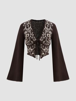 Cider - Knit V-neck Leopard Bowknot Crop Long Sleeve Top