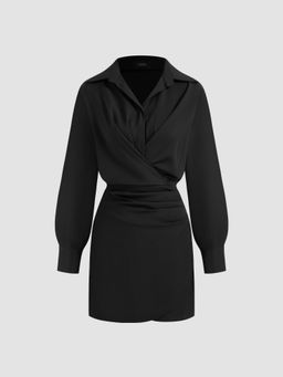 Cider - Woven Collar Solid Ruched Mini Shirt Dress