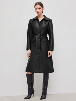 Cider - Faux Leather Collar Solid Pocket Button Knotted Coat