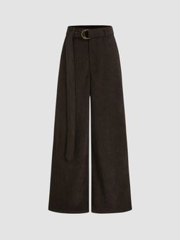 Cider - Corduroy Mid Rise Solid Pocket Wide Leg Trousers With Belt