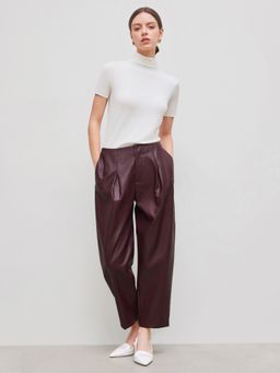 Cider - Faux Leather Mid Rise Solid Zipper Cropped Barrel-leg Trousers
