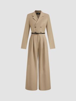 Cider - Collar Solid Button Pocket Wide Leg Blazer Jumpsuit With Belt