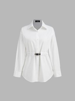 Cider - 100% Cotton Collar Solid Button Ruched Belted Long Sleeve Blouse