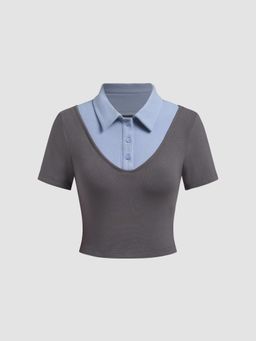 Cider - Collar Two Tone Button Short Sleeve Crop Top