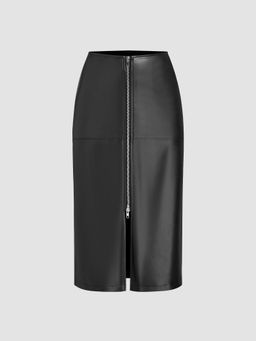 Cider - Faux Leather Mid Rise Solid Split Zipper Maxi Skirt