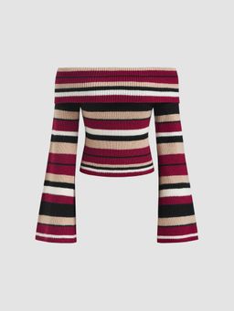 Cider - Knit Off-shoulder Striped Long Sleeve Crop Top