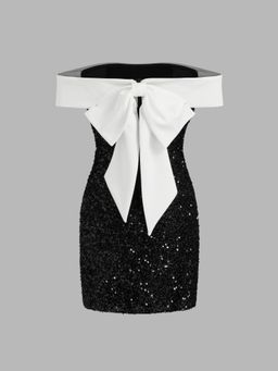 Cider - Sequin Off-shoulder Solid Bowknot Mini Dress