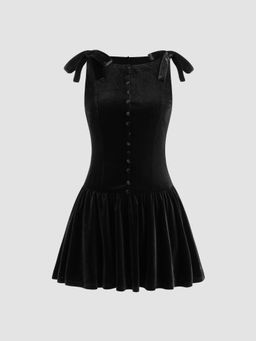 Cider - Velvet Boat Neck Solid Bowknot Ruffle Mini Dress