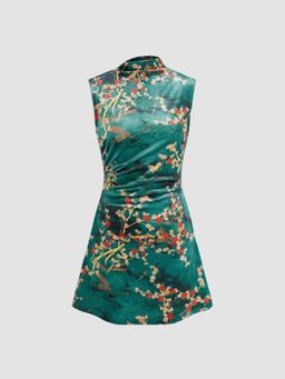Cider - Velvet Mandarin Collar Floral Ruched Mini Dress